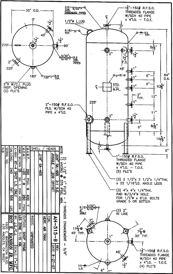 240 gallon Air Tank, Vertical Tank - specs and drawing AH515B - Roy. E ...