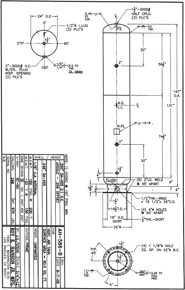 268 gallon Air Tank, Vertical Tank - specs and drawing AH586B - Roy. E ...