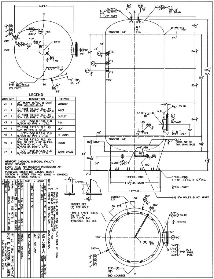 21000 gallon Vertical Air Tank 142 psig, ASME - Drawing AG-598-C ...