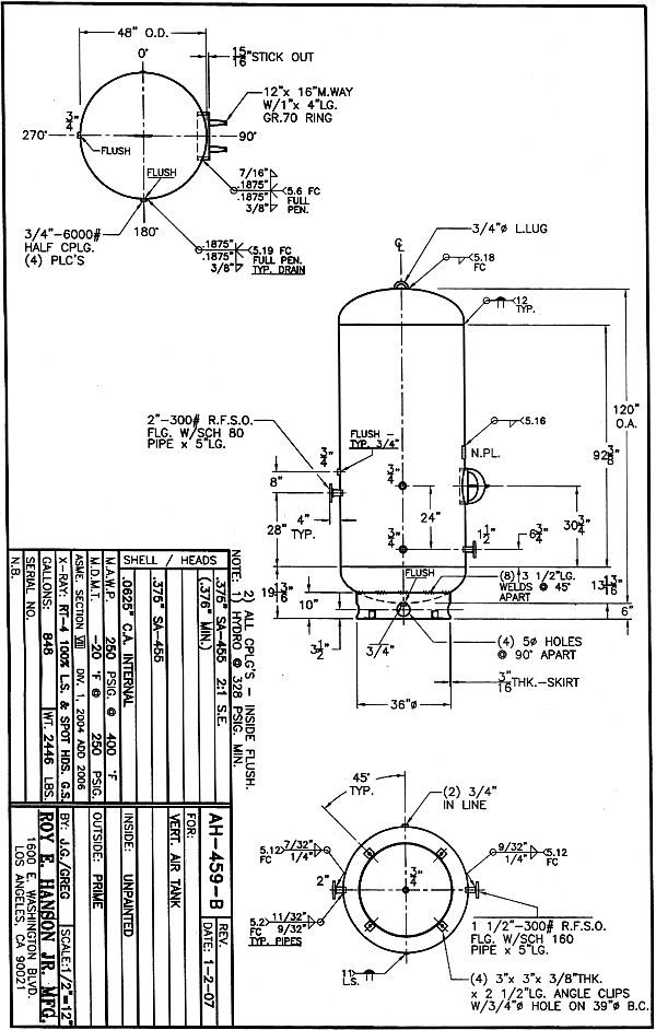 848 gallon Vertical Air Tank 250 psig, ASME - Drawing AH-459-B, Hanson Tank