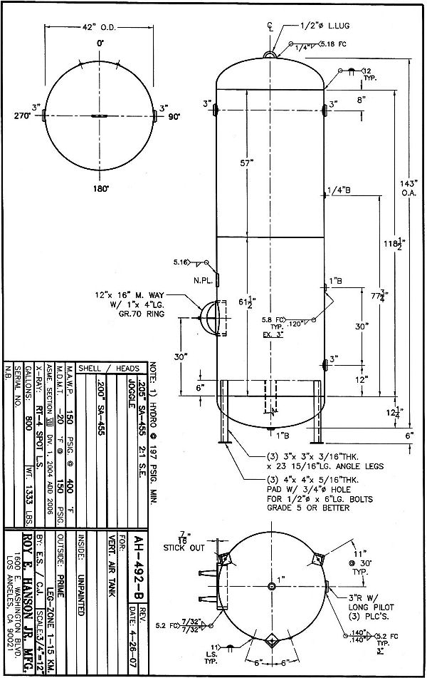 800 gallon Vertical Air Tank 150 psig, ASME - Drawing AH-492-B, Hanson Tank