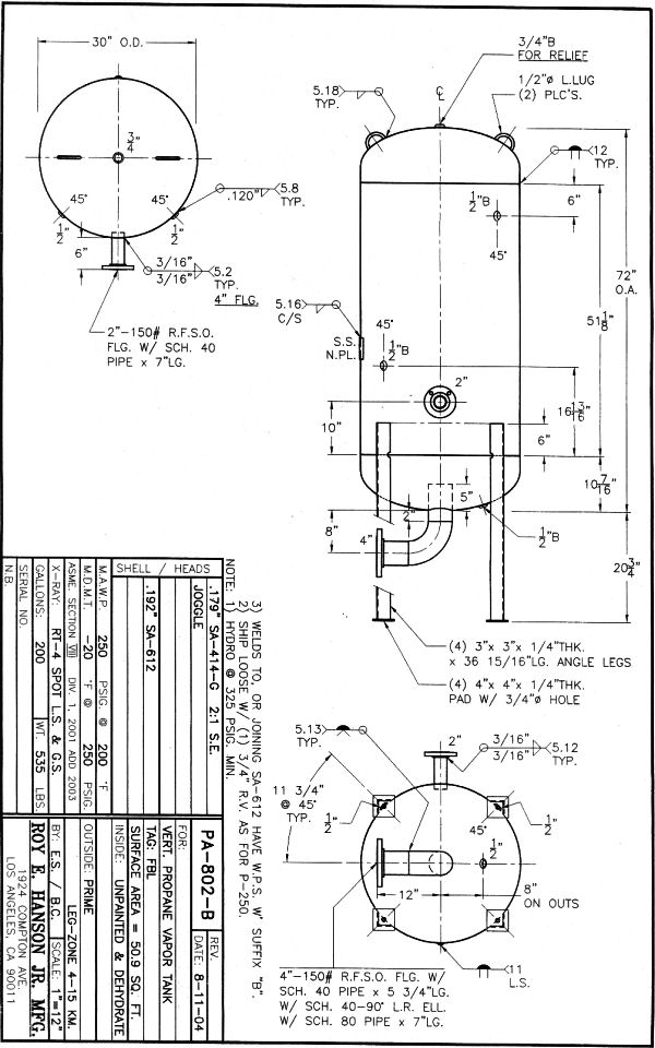 200 gallon Vertical Propane Vapor Tank 250 psig specs, drawing